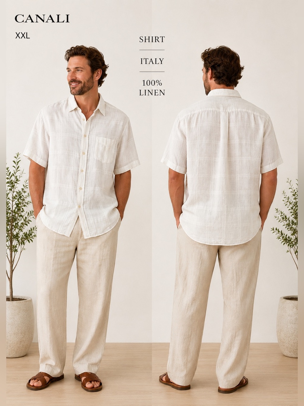 Canali 100% linen shirt mens XXL ivory Italy vacation casual breathable classic